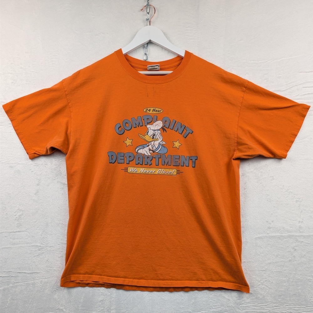 VTG Disney Store T-Shirt Men's 2XL Orange Donald Duck Complaint Dept Funny Y2K